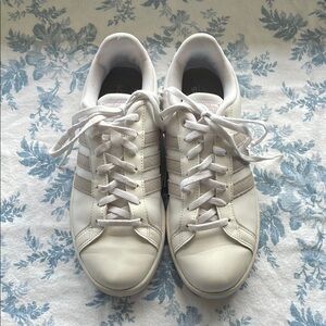 Adidas Grand Court White Sneakers with Taupe Stripes